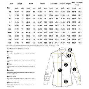 May include: A size chart for a shirt with measurements in inches and centimeters. The chart includes sizes XS to 6XL and measurements for length, bust, waist, shoulder, sleeve length, and neck circumference.
