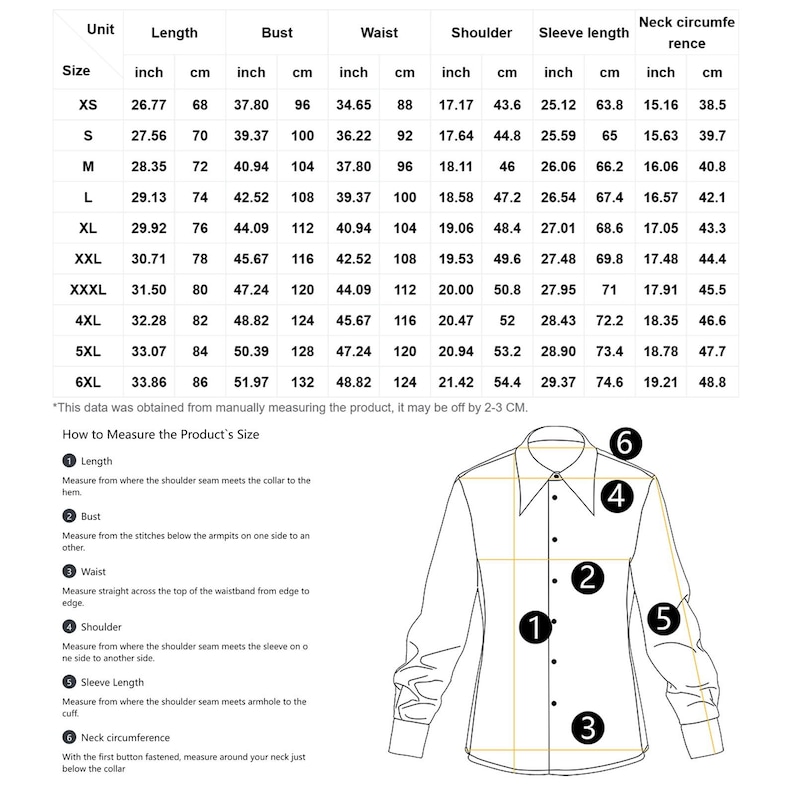 May include: A size chart for a shirt with measurements in inches and centimeters. The chart includes sizes XS to 6XL and measurements for length, bust, waist, shoulder, sleeve length, and neck circumference.