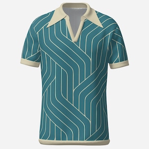 May include: Teal short-sleeved polo shirt with a cream-colored collar, cuffs, and hem. The shirt features a repeating white, curved-line pattern. The collar has a V-neck design.