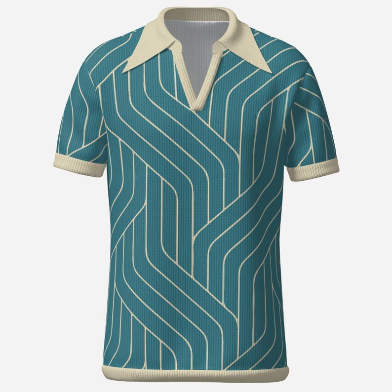 May include: Teal short-sleeved polo shirt with a cream-colored collar, cuffs, and hem. The shirt features a repeating white, curved-line pattern. The collar has a V-neck design.