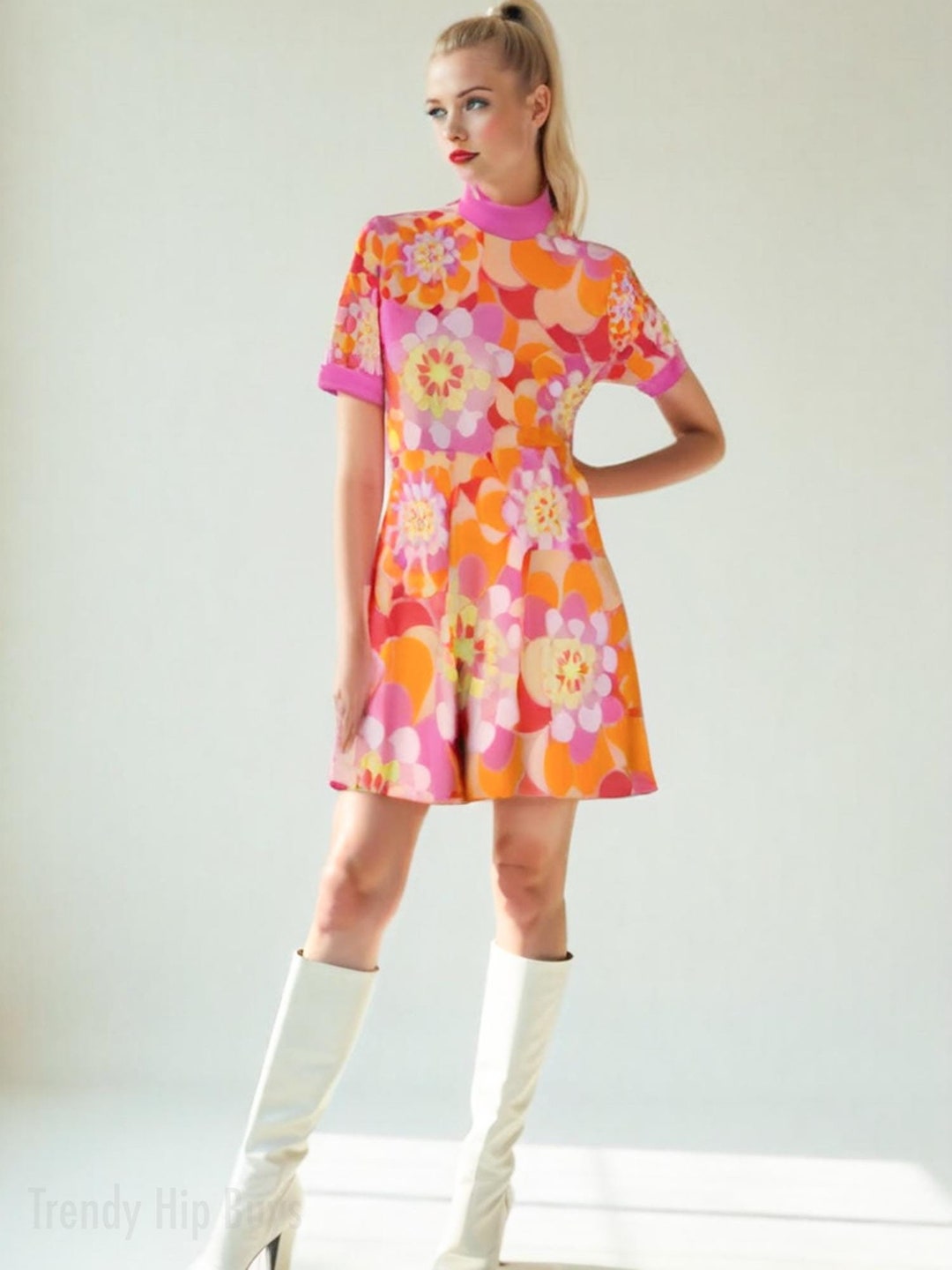60s Dress Style, 60s Mod Orange and Pink Floral Turtleneck Mini Dress ...