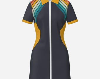 60s 70s Dress Style | 60s Mod mini dress |60s Gogo Dress | Groovy Stripe Shirt Dress, Vintage style dress, 60s Mod shirt dress