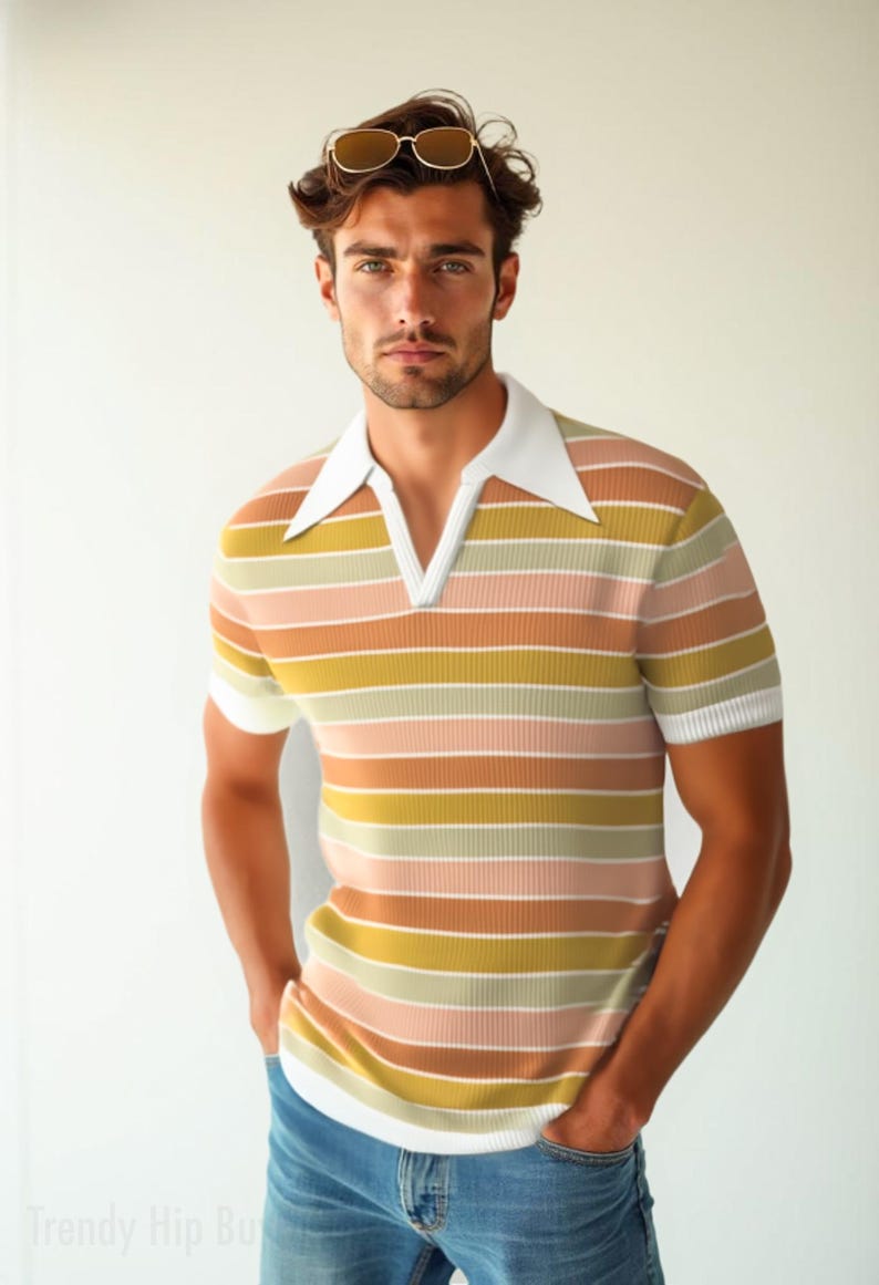 70s Shirt Style, Retro Polo Shirt, 70s Wing Collar Shirt, 70s Stripe Shirt, 70s Style Shirt, Stripe Polo Shirt, Multicolor Stripe Shirt