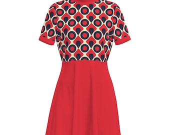 60s Dress Style, 60s inspired Mod Dress | Blue Red Vintage 60s Mini Dress Style | Turtleneck Dress, Geometric mini dress, Aline Dress