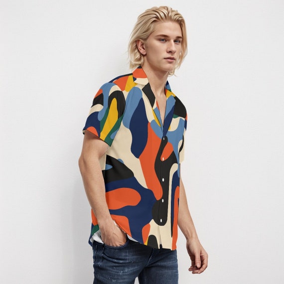 一番の Abstract Shirt Style 80s Men, Shirt Multicolor Men, Shirt トップス