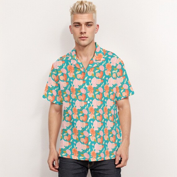 Pink Blue Floral Shirt Men Hawaiian shirt Men Floral Print Shirt Turquoise Shirt Men Vacation shirt men Beach Wedding Shirt Men