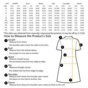 May include: A detailed size chart for a dress, with measurements in inches and centimeters for length, bust, waist, hip, shoulder, and sleeve. Includes instructions on how to measure the product's size.