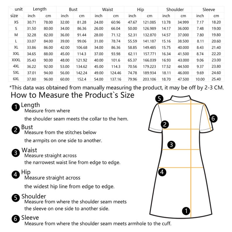 May include: A detailed size chart for a dress, with measurements in inches and centimeters for length, bust, waist, hip, shoulder, and sleeve. Includes instructions on how to measure the product's size.