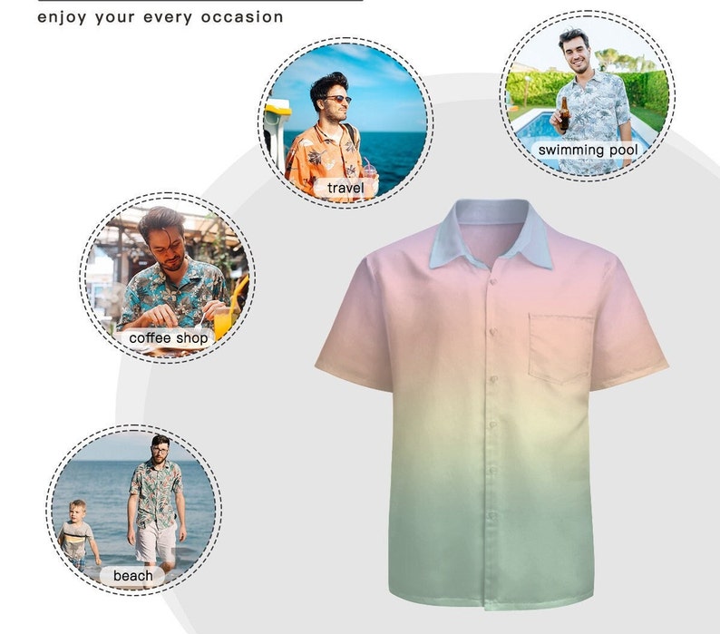 Puede incluir: Una camisa de botones con mangas cortas y degradado de color. La camisa tiene un degradado de color rosa claro, amarillo y verde. La camisa se muestra en diferentes entornos, incluyendo una playa, una cafeter&iacute;a, una piscina y un destino de viaje.