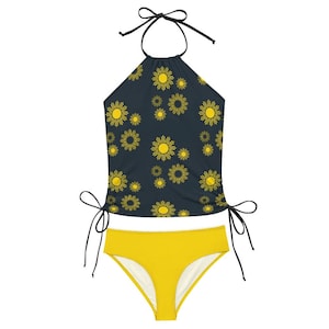 Gray Neon Yellow Tankini, Retro Bikini, Mod Halter Tankini, Mod Bikini, Floral Bikini Set, Halter Bikini Set, Tankini bathing suit