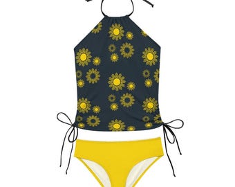 Gray Neon Yellow Tankini, Retro Bikini, Mod Halter Tankini, Mod Bikini, Floral Bikini Set, Halter Bikini Set, Tankini bathing suit