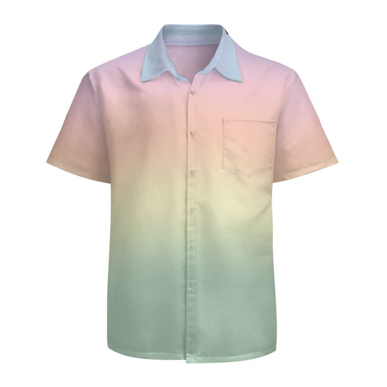 Puede incluir: Una camisa de manga corta con botones y un dise&ntilde;o degradado en tonos de rosa, amarillo y azul.