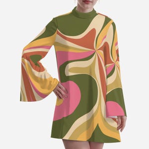 May include: A long-sleeved mini dress with a swirling pattern in shades of green, yellow, orange, and pink. The dress has a high neck and bell sleeves.