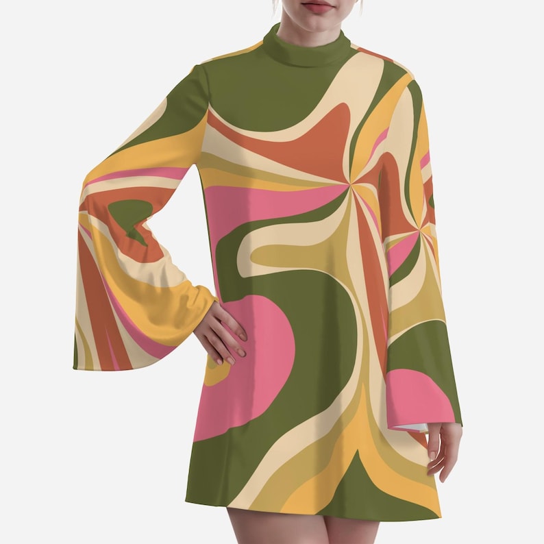 May include: A long-sleeved mini dress with a swirling pattern in shades of green, yellow, orange, and pink. The dress has a high neck and bell sleeves.