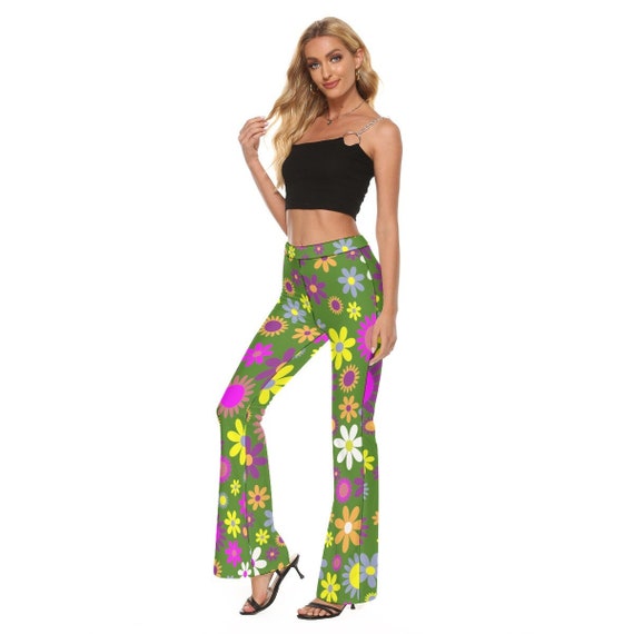 Flare Pants, 70s Hippie Pants, Floral Pants, Wide Leg Pants, Green Flare  Pants,retro Pants,70s Style Pants,wide Leg Yoga Pants,mod 60s Pants 