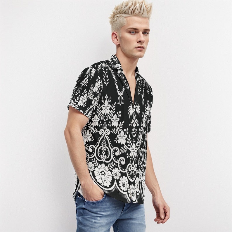 Black Floral Shirt Men, Boho Shirt Men, Floral Top Men, Black and White Floral Shirt, Romantic Shirt Men, Retro Shirt Men image 2