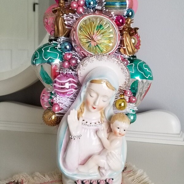 16.5" VINTAGE Mary and Baby Jesus Bottle Brush Christmas Ornament Tree Napco Angels Cottage Shabby Chic One of a Kind Pink Mint White