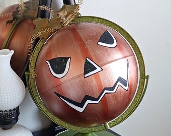 Pumpkin Globe Halloween Big Jack O' Lantern Copper and Rose Gold Trick or Treat Retro Up Cycled Hand Painted Unique Country Primitive