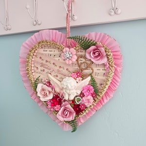 Valentines Day Wood Heart Floral Picture Vintage Jewelry Sweetheart Love Vintage Tinsel Garland Angel Cherub Millinery Pink Blush Ivory