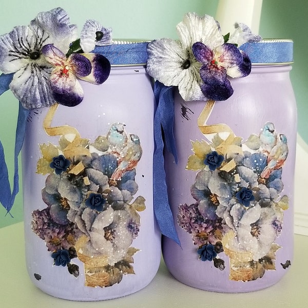 Shabby Cottage Chic Painted Jar Decorated Floral Feminine Romantic Lighting Soft Purples Flower Vase Candle Holder Vintage Jar Pansies Gift