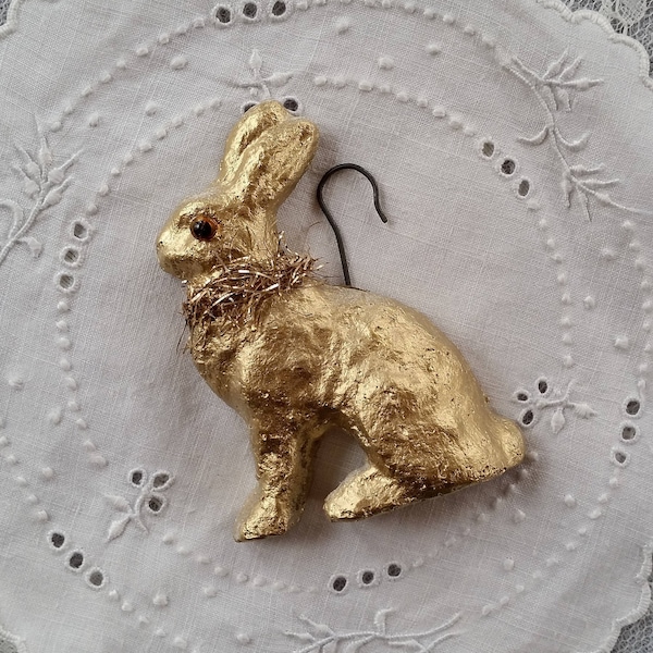 Golden Easter Bunny Rabbit Ornament  Glass Eyes Vintage Garland Hanger Paper Mache German Vintage Replica Chocolate Mold Christmas Ornament