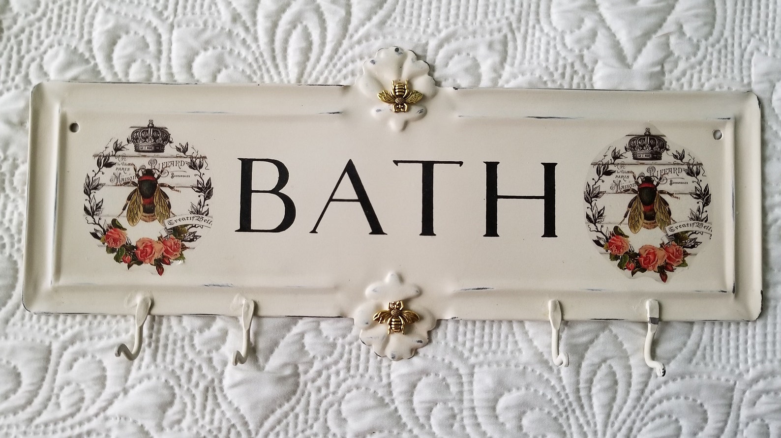 French Country Enamel Bath Bathroom Sign Peg Rack With Hooks Etsy