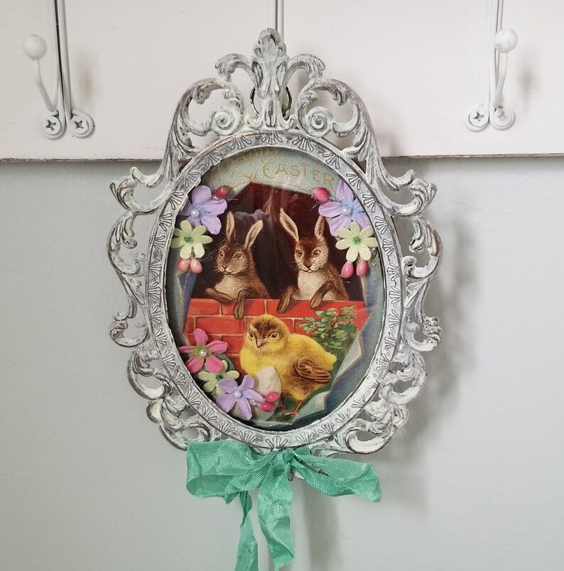 Framed Vintage Post Card Easter Bunny Picture Wall Hanging Oval Embellished Paper Flowers Millinery Cottage Mint Vintage Painted Brass Frame