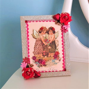Framed Valentines Day Picture Cherubs Decorated Roses Hearts Rearls Velvet Vintage Illustration Vintage Pink Shabby Chic