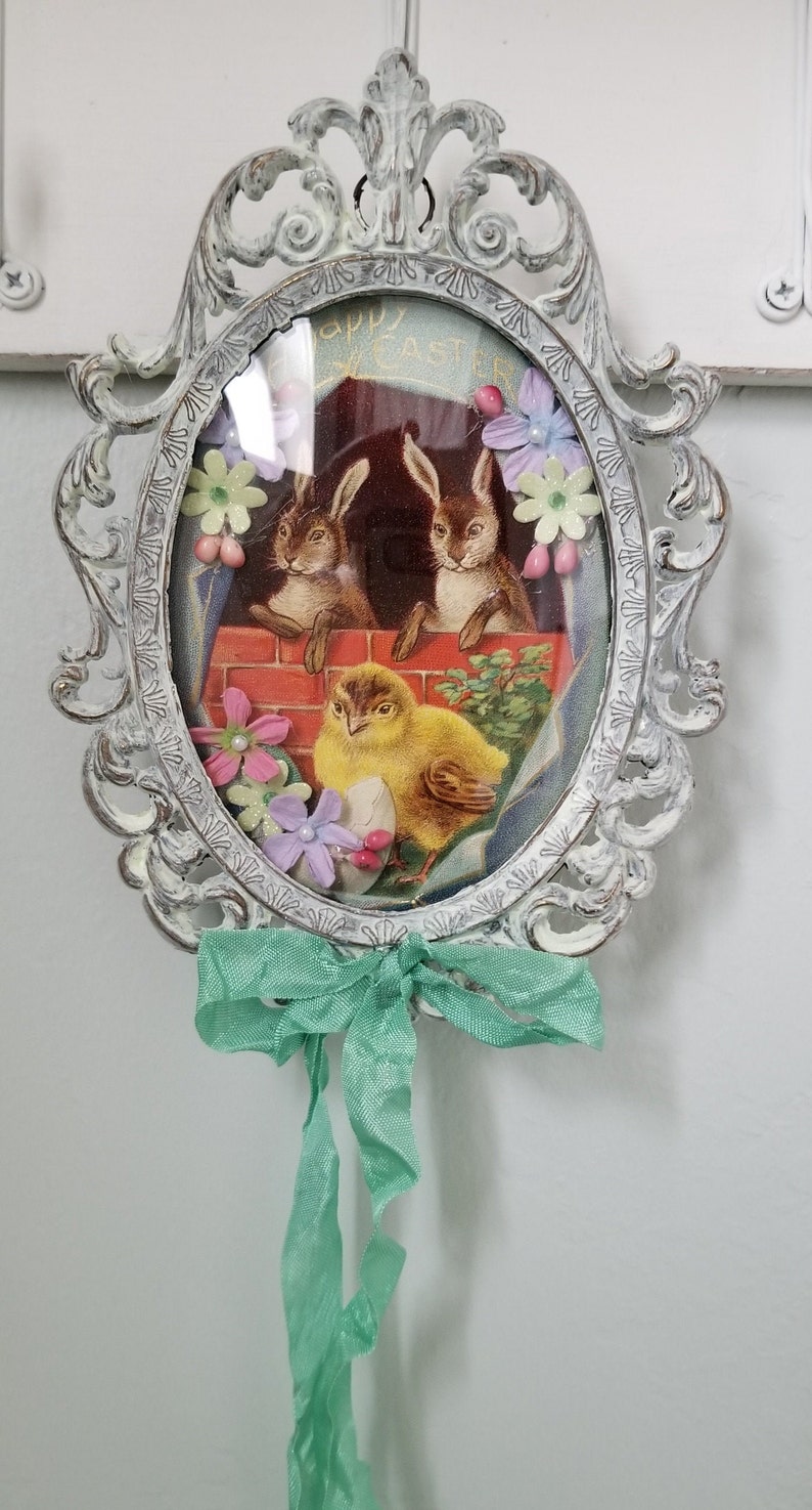 Framed Vintage Post Card Easter Bunny Picture Wall Hanging Oval Embellished Paper Flowers Millinery Cottage Mint Vintage Painted Brass Frame