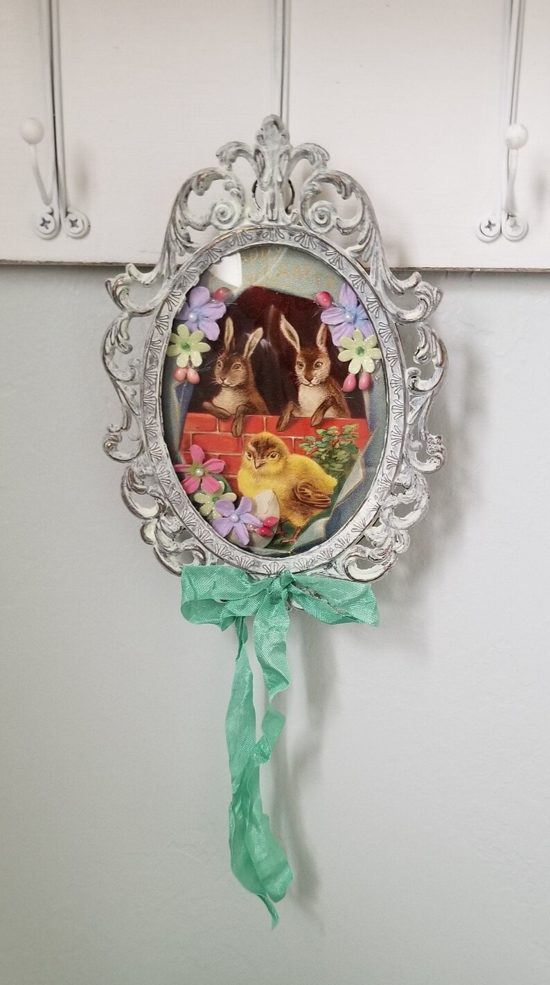 Framed Vintage Post Card Easter Bunny Picture Wall Hanging Oval Embellished Paper Flowers Millinery Cottage Mint Vintage Painted Brass Frame