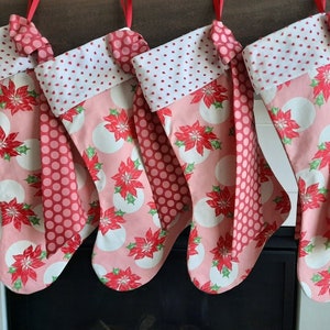 Old Fashioned Cuffed Christmas Stockings Retro Poinsettia Design Sweets Shop Shabby Pink Cottage Christmas Stocking Feminine Polka Dot