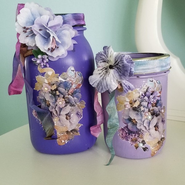 Shabby Cottage Chic Painted Jar Decorated Floral Feminine Romantic Lighting Soft Purples Flower Vase Candle Holder Vintage Jar Pansies Gift