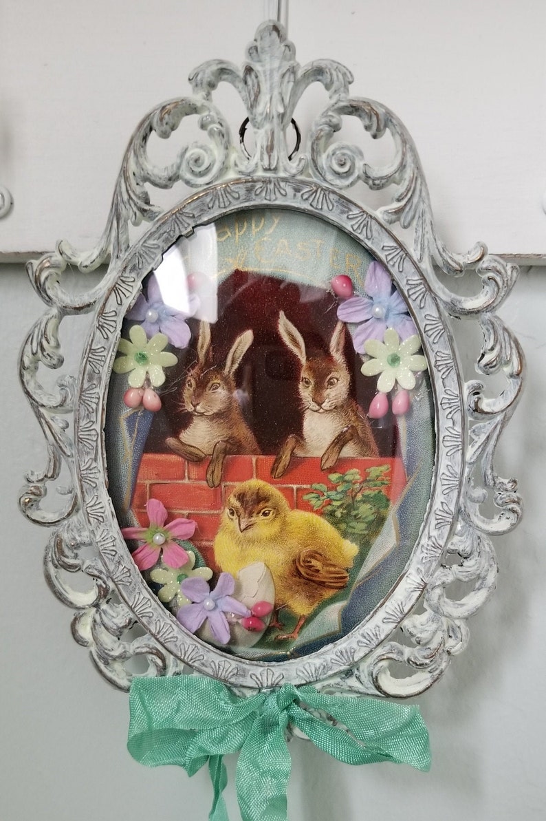 Framed Vintage Post Card Easter Bunny Picture Wall Hanging Oval Embellished Paper Flowers Millinery Cottage Mint Vintage Painted Brass Frame