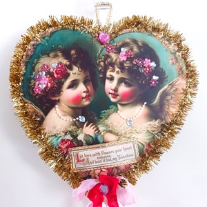 Cherubs Valentines Day Large Wood Heart Floral Picture Vintage Jewelry Sweetheart Love Tinsel Garland Angel Wall Hanging