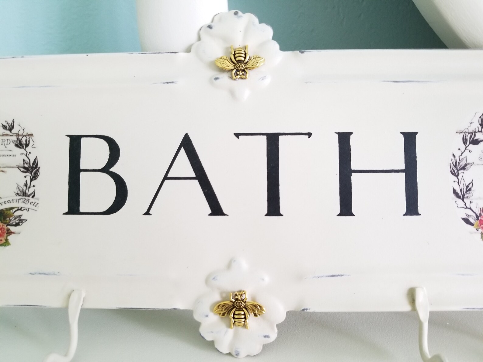 French Country Enamel Bath Bathroom Sign Peg Rack With Hooks Etsy