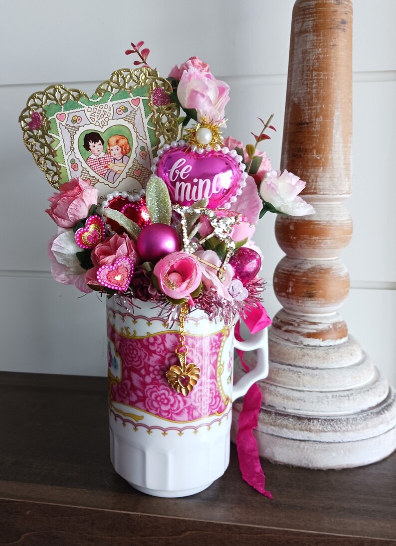 Arrangement Centerpiece Vintage Mug Sweetheart February Shabby Etsy