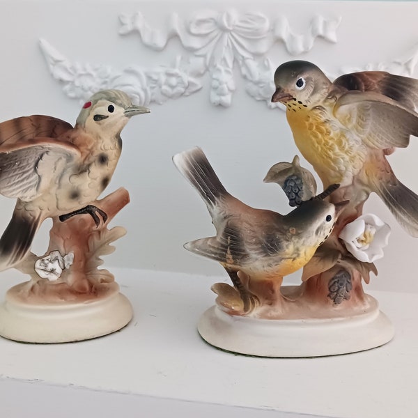 Pair of Vintage Porcelain Bird Figurines Northern Flicker Warbler? Bird Lovers Woodland Rustic Cottage