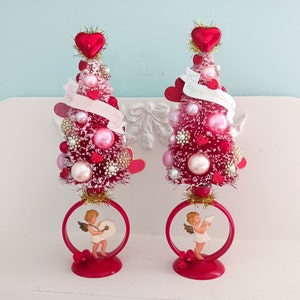 Valentines Day Cherub Ornament Tree Arrangement Centerpiece On a Vintage Candleholder Pink Shabby Cottage Chic Hearts Roses Gift