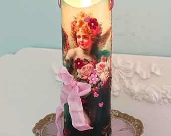 Pink Shabby Chic Valentine Cherub Angel Flameless Candle Hearts Battery Operated Decorated Ribbon Feminine Romantic Lighting