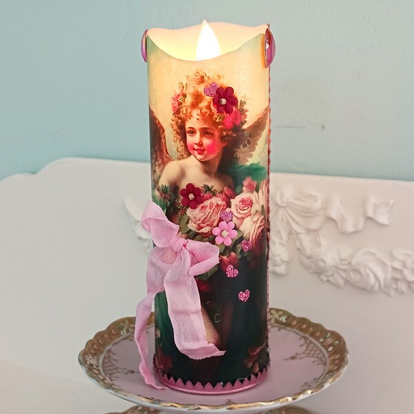 Pink Shabby Chic Valentine Cherub Angel Flameless Candle Hearts Battery Operated Decorated Ribbon Feminine Romantic Lighting