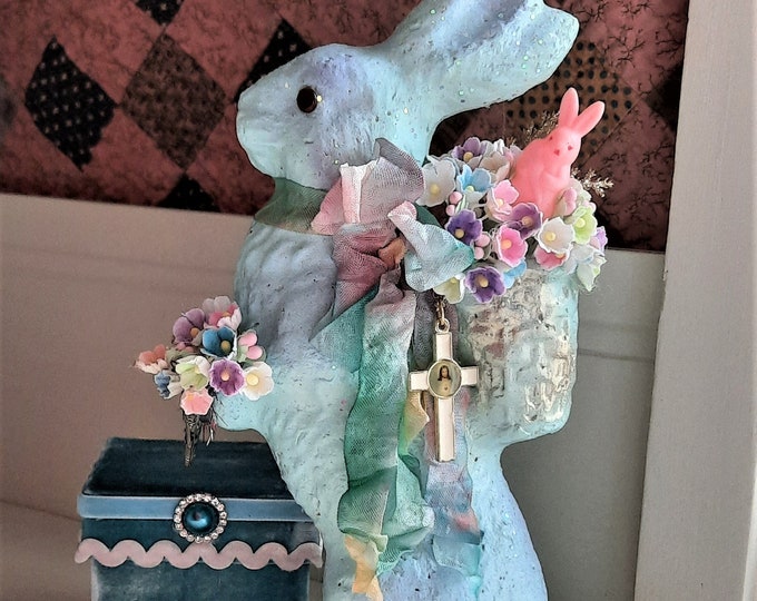 VINTAGE Style Paper Mache Easter Bunny Arrangement Centerpiece Rabbit