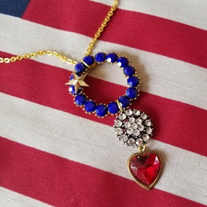 Patriotic Fourth of July Drop Necklace Vintage Components Red White Blue Heart Gold Gift for Military Family Ladies Navy USA Proud American