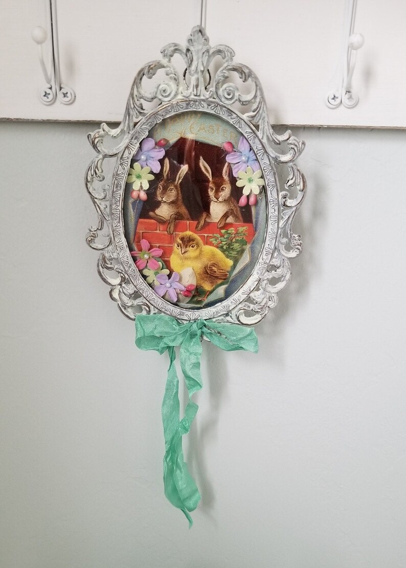 Framed Vintage Post Card Easter Bunny Picture Wall Hanging Oval Embellished Paper Flowers Millinery Cottage Mint Vintage Painted Brass Frame