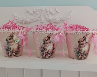 Easter Spring Peat Pot Basket Easter Bunny Treat Holder Ribbon Vintage Lace Quilt Decoration Shabby Pink Easter Cottage Chic