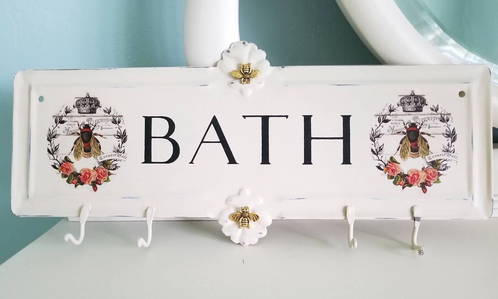 French Country Enamel Bath Bathroom Sign Peg Rack With Hooks Etsy