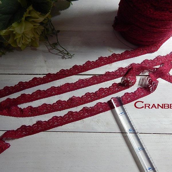 Cranberry Elastic Lace Trim SOFT - 5 yards - Crimson Red Stretch Lace Trim 5/8" Scallop Edge Lace Lingerie Lace