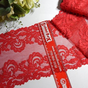 RED 7&quot; Wide Elastic Lace BTY - SOFT Stretch Lace Trim - Scallop Edge Lace Lingerie Lace Galloon Lace