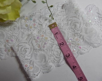 White Sequin Lace Trim: 3" Wide Soft Stretch Scalloped Edge