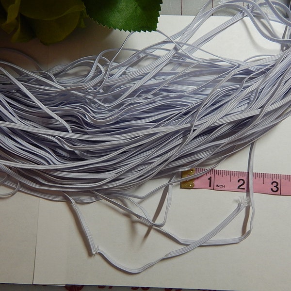 1/8 inch Narrow WHITE Elastic 10 - 20 - 30 - 50 YARDS - Skinny Elastic for Masks - Strong Stretch - Washable