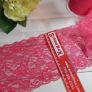 Hot Pink Wide 5.25&quot; Elastic Lace Very SOFT Stretch Lace Trim - Yardage - Scallop Edge Lace Lingerie Lace Galloon Lace